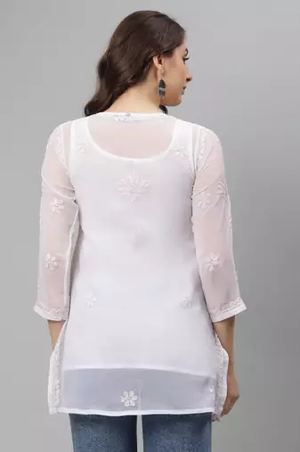 Seva chikan hand embroidered white georgette lucknowi chikankari top with slip