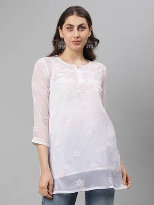 Seva chikan hand embroidered white georgette lucknowi chikankari top with slip 3