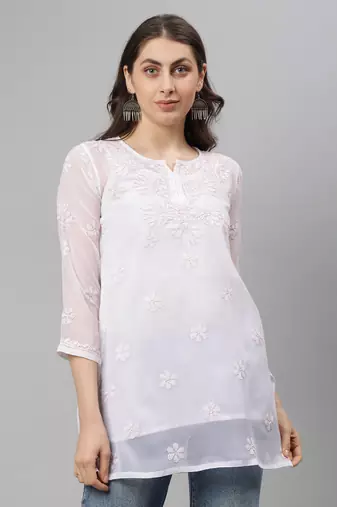 Seva chikan hand embroidered white georgette lucknowi chikankari top with slip