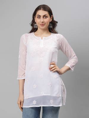 Seva chikan hand embroidered white georgette lucknowi chikankari top with slip 4