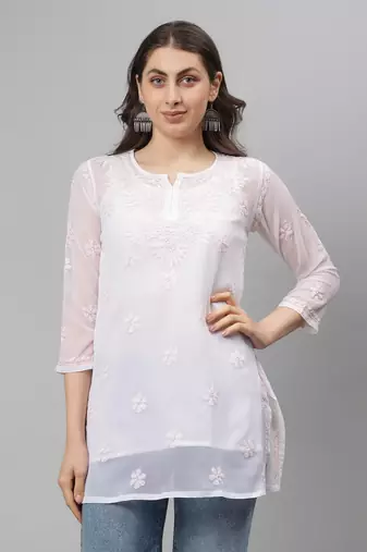 Seva chikan hand embroidered white georgette lucknowi chikankari top with slip