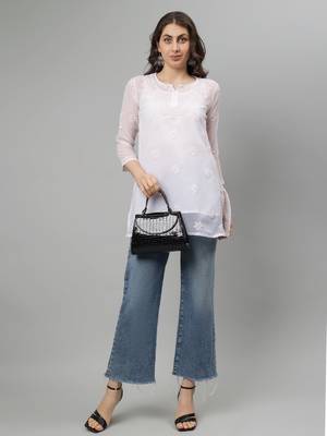 Seva chikan hand embroidered white georgette lucknowi chikankari top with slip 5