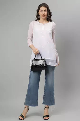 Seva chikan hand embroidered white georgette lucknowi chikankari top with slip