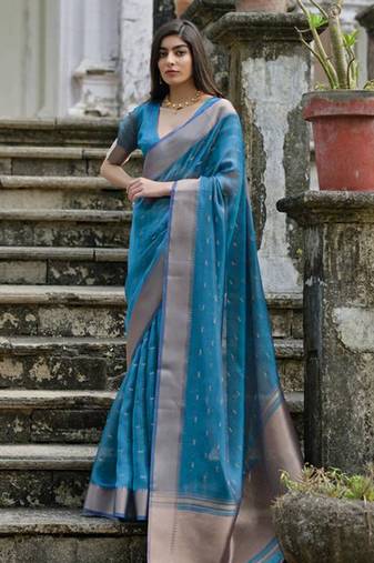 Firozi kalyani silk blend zari weaving saree with unstitched blouse