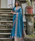 Firozi kalyani silk blend zari weaving saree with unstitched blouse