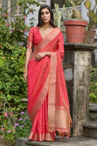 Red soft kalyani silk with zari weaving butti saree with unstitched blouse