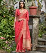 Red soft kalyani silk with zari weaving butti saree with unstitched blouse