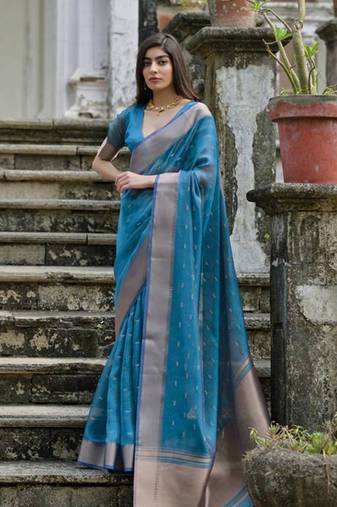 Rama kalyani silk blend zari weaving saree with unstitched blouse