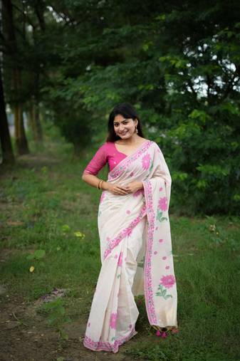 Ranipink soft muga cotton with jamdani weaving and resham weaving buttas saree with unstitched blouse