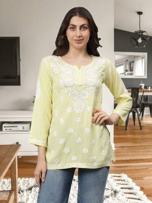 Seva chikan hand embroidered lemon rayon lucknowi chikankari top 1