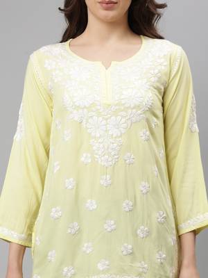 Seva chikan hand embroidered lemon rayon lucknowi chikankari top 2