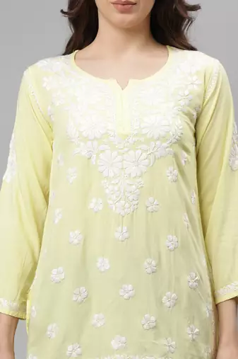 Seva chikan hand embroidered lemon rayon lucknowi chikankari top