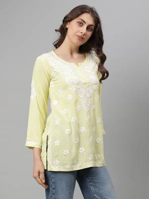 Seva chikan hand embroidered lemon rayon lucknowi chikankari top 3