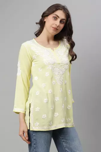 Seva chikan hand embroidered lemon rayon lucknowi chikankari top