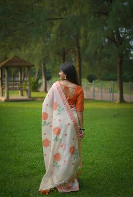 Orange soft muga cotton with jamdani weaving and resham weaving buttas saree with unstitched blouse 2