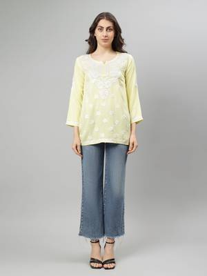 Seva chikan hand embroidered lemon rayon lucknowi chikankari top 4