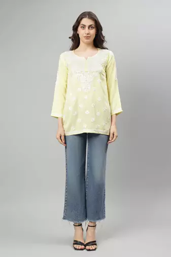 Seva chikan hand embroidered lemon rayon lucknowi chikankari top
