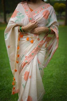 Orange soft muga cotton with jamdani weaving and resham weaving buttas saree with unstitched blouse 4