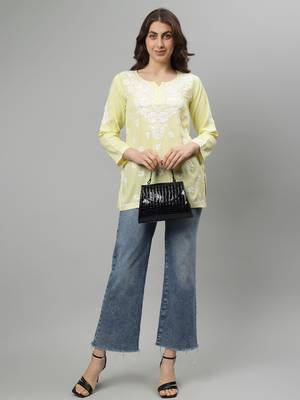 Seva chikan hand embroidered lemon rayon lucknowi chikankari top 5
