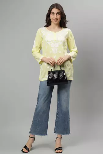 Seva chikan hand embroidered lemon rayon lucknowi chikankari top