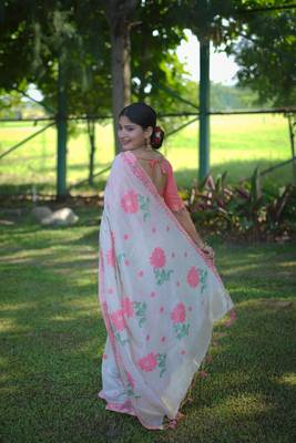Pink soft muga cotton with jamdani weaving and resham weaving buttas saree with unstitched blouse 2