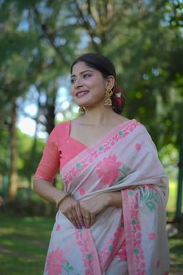 Pink soft muga cotton with jamdani weaving and resham weaving buttas saree with unstitched blouse 3