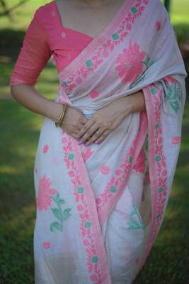 Pink soft muga cotton with jamdani weaving and resham weaving buttas saree with unstitched blouse 4