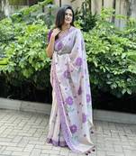 Purple soft muga cotton with jamdani weaving and resham weaving buttas saree with unstitched blouse