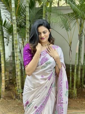 Purple soft muga cotton with jamdani weaving and resham weaving buttas saree with unstitched blouse 3