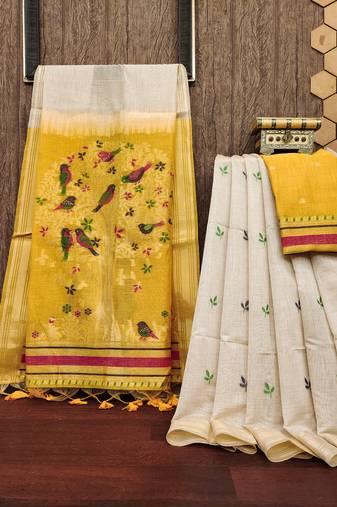 Yellow soft muga cotton with resham weaving butta and zari weaving border saree with unstitched blouse