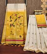 Yellow soft muga cotton with resham weaving butta and zari weaving border saree with unstitched blouse