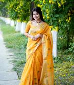 Yellow linen jamdani weaving saree with unstitched blouse