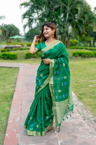 Green linen jamdani weaving saree with unstitched blouse