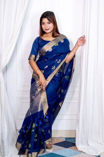 Blue linen jamdani weaving saree with unstitched blouse
