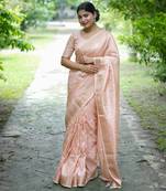Peach soft banarasi silk blend zari weaving saree with unstitched blouse