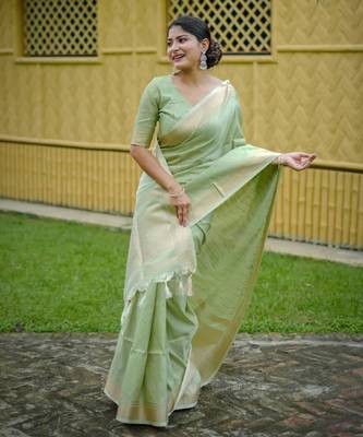 Pista soft banarasi raw silk with zari weaving design saree with unstitched blouse 1