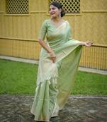 Pista soft banarasi raw silk with zari weaving design saree with unstitched blouse