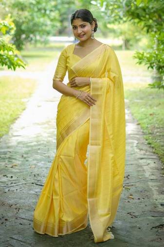 Yellow soft banarasi silk blend zari weaving saree with unstitched blouse