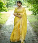 Yellow soft banarasi silk blend zari weaving saree with unstitched blouse