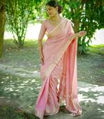 Pink soft banarasi silk blend zari weaving saree with unstitched blouse