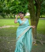 Skyblue soft banarasi silk blend zari weaving saree with unstitched blouse