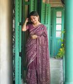 Magenta premium tushar silk with batik printed and embroidered work saree with unstitched blouse