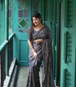 Grey premium tushar silk with batik printed and embroidered work saree with unstitched blouse
