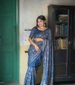 Blue premium tushar silk with batik printed and embroidered work saree with unstitched blouse