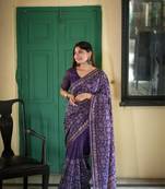 Purple premium tushar silk with batik printed and embroidered work saree with unstitched blouse