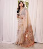 Brown soft muga cotton with resham weaving butta and zari weaving border saree with unstitched blouse