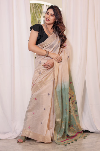 Rama soft muga cotton with resham weaving butta and zari weaving border saree with unstitched blouse