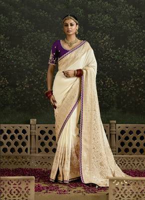 Off White Dola Silk Weaving With Sequnice Work Border & Heavy Designer Contras Blouse 1