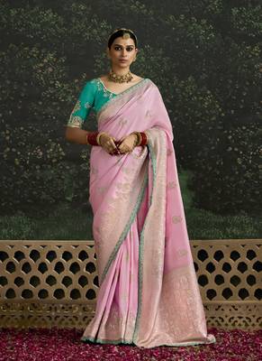 Baby Pink Dola Silk Weaving With Sequnice Work Border & Heavy Designer Contras Blouse 1
