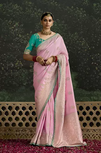 Baby Pink Dola Silk Weaving With Sequnice Work Border & Heavy Designer Contras Blouse